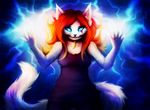  anthro black_background blue_eyes cat claws clothing electricity energy feline fur ginger_hair glowing mammal plain_background power scar white_fur 