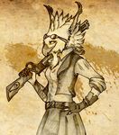  abstract_background avian beak eyewear female gloves goggles gryph000 gryphon gun jacket looking_back monochrome ranged_weapon sepia shotgun skirt smile solo weapon 