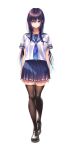  1girl amakano_2 arms_at_sides black_shoes black_thighhighs blue_neckerchief blue_skirt breasts closed_mouth collarbone full_body green_eyes hair_between_eyes himiyama_rei large_breasts loafers long_hair looking_at_viewer neckerchief official_art piromizu pleated_skirt purple_hair school_uniform serafuku shirt shoes short_sleeves simple_background skirt solo standing tachi-e thighhighs transparent_background white_shirt zettai_ryouiki 