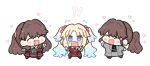  !? 3girls :d ^_^ aqua_neckerchief black_sweater blonde_hair blue_eyes blush brown_dress brown_hair chibi chibi_only closed_eyes commentary dress dual_persona earrings fang flower flying_sweatdrops fujishima_megumi fujishima_megumi_(post-graduation) grey_jacket grey_skirt hair_flower hair_ornament hasu_no_sora_school_uniform heart heart_earrings highres jacket jewelry link!_like!_love_live! long_hair long_sleeves love_live! multiple_girls neckerchief nervous_sweating open_clothes open_jacket open_mouth osawa_rurino parted_bangs pink_flower pleated_skirt ponytail red_neckerchief sailor_collar sailor_dress school_uniform sidelocks simple_background skin_fang skirt smile suit_jacket sweat sweater time_paradox twintails two_side_up virtual_youtuber watage_modoki white_background white_sailor_collar winter_uniform 