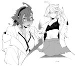  2girls blush bra breasts collared_shirt commentary fang greyscale gundam gundam_suisei_no_majo gundam_suisei_no_majo:_seishun_frontier hairband highres long_hair medium_breasts miorine_rembran monochrome multiple_girls navel open_clothes open_mouth open_shirt parted_lips pleated_skirt ponytail shirt skirt straddling suletta_mercury sweat thick_eyebrows underwear yuri zhuotian 