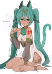  ... 1girl ancient_egyptian ancient_egyptian_clothes animal_ears anklet aqua_eyes aqua_hair armlet bare_shoulders barefoot blush bracelet breasts brown_egyptian_cat-eared_loli_(trend) cat_ears cat_girl cat_tail commentary dark-skinned_female dark_skin detached_sleeves ear_piercing full_body gold_anklet gold_armlet gold_bracelet gold_collar gold_jewelry gold_ring hair_between_eyes hair_ornament hand_on_own_leg hatsune_miku highres jewelry jitome long_hair nail_polish paw_pose piercing puff_of_air shendyt simple_background sitting small_breasts solo speech_bubble spoken_ellipsis tail twintails unamused usekh_collar very_long_hair vocaloid waimoniku wariza white_background 