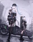  2girls ammunition_pouch assault_rifle bag belt belt_collar bird black_bag black_belt black_boots black_bra black_gloves black_hat black_pantyhose black_shirt black_skirt blue_hair blunt_bangs boots bra bra_strap breasts bridal_gauntlets building can chain chimney city cleavage closed_eyes collar commentary crop_top cross cross_hair_ornament cross_necklace drink_can dutch_angle english_commentary facial_mark factory g11_(girls'_frontline) girls'_frontline girls'_frontline_2:_exilium gloves green_eyes grey_sky gun h&amp;k_g11 h&amp;k_hk416 hair_between_eyes hair_ornament hat headband heart highres hk416_(girls'_frontline) holding holding_bag holding_can holding_gun holding_strap holding_weapon hybrid_sight jewelry klukai_(girls'_frontline_2) kneehighs large_breasts legs long_hair looking_to_the_side magazine_(weapon) mechty_(girls'_frontline_2) miniskirt motor_vehicle motorcycle multiple_girls necklace off-shoulder_shirt off_shoulder outdoors panty_straps pantyhose platform_boots ponytail pouch puddle rain red_dot_sight rifle see-through_cleavage see-through_clothes shirt short_hair single_kneehigh single_sock single_thighhigh skirt sky socks standing strap suppressor teardrop_facial_mark thigh_pouch thighhighs thighs torn_clothes torn_pantyhose tree underwear vertical_foregrip very_long_hair weapon weapon_case wet white_shirt yuzuriha_(atelier_liang) 