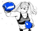  1girl abs blue_gloves boxing boxing_gloves boxing_shorts breasts collarbone commentary_request gloves greyscale hatching_(texture) highres lee_(dragon_garou) medium_breasts midriff monochrome motion_lines mouth_guard original punching shorts smile solo sports_bra spot_color sweat toned toned_female twintails 