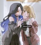  2girls azusawa_kohane belt belt_collar black_belt black_hair black_skirt blonde_hair blue_hair blue_nails blurry blurry_background blush breasts brown_eyes brown_jacket cellphone collar collarbone colored_inner_hair commentary_request cowboy_shot dot_nose drawstring grabbing_another's_chin grey_jacket grey_pants grey_shirt grey_tank_top hand_on_another's_chin hand_up hands_up highres holding holding_phone hood hood_down hooded_jacket jacket jewelry korean_commentary lipstick_mark lipstick_mark_on_face long_hair long_sleeves looking_at_phone medium_breasts medium_hair midriff multicolored_hair multiple_girls multiple_rings nail_polish navel necklace off_shoulder official_alternate_costume official_alternate_hairstyle orange_eyes pants parted_bangs parted_lips phone pleated_skirt project_sekai raised_inner_eyebrows ring shiraishi_an shirt sidelocks skirt sleeveless sleeveless_shirt smartphone taking_picture tank_top twitter_username two-tone_hair v watermark wo_habum yuri zozotown 