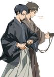  2boys absurdres black_hair black_haori blue_eyes brown_hair closed_mouth cowboy_shot dated drawing_sword eren_yeager furrowed_brow grey_eyes grey_hakama hakama haori highres holding holding_sword holding_weapon japanese_clothes katana levi_(shingeki_no_kyojin) male_focus multiple_boys parted_bangs parted_lips shingeki_no_kyojin short_hair sword weapon white_background zest_(kumolyy) 