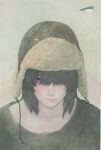  1girl absurdres biting_own_lip black_hair collarbone commentary fur-trimmed_headwear fur_trim green_shirt grey_eyes hair_over_one_eye highres kuniyasuyuuki looking_at_viewer mole mole_on_cheek mole_on_collarbone mole_on_shoulder mole_under_eye original portrait realistic shirt short_hair solo straight-on ushanka 