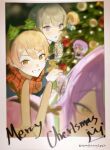  2boys 2girls antlers christmas_ornaments christmas_tree clenched_teeth crown double-parted_bangs fake_antlers green_hair hairband highres horns kamishiro_rui kusanagi_nene looking_at_viewer maengkkong8852 merry_christmas multiple_boys multiple_girls ootori_emu orange_eyes orange_hair parted_lips pink_hair project_sekai protected_link purple_eyes purple_hair reindeer_antlers scarf short_hair smile teeth tenma_tsukasa twitter_username v wonderlands_x_showtime_(project_sekai) yellow_eyes 