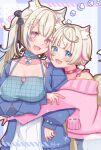  2girls animal_ear_fluff animal_ears animal_hands black_bow blonde_hair blue_shirt blue_streaks blush bow breasts choker dog_ears dog_girl dog_paws dog_tail english_commentary fang fangs fuwawa_abyssgard fuwawa_abyssgard_(casual) hair_bow hair_ornament hairpin highres hololive hololive_english jacket large_breasts looking_at_viewer medium_hair mococo_abyssgard mococo_abyssgard_(casual) multiple_girls official_alternate_costume open_mouth pink_choker pink_jacket pink_streaks shirt siblings sisters skin_fang skin_fangs tail twins two_side_up virtual_youtuber x_hair_ornament yokuto 