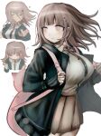  1girl animal_bag breasts brown_hair brown_skirt cat_bag collared_shirt danganronpa_(series) danganronpa_2:_goodbye_despair flipped_hair hair_ornament highres ikemen'na_ore-shi jacket long_sleeves medium_hair multiple_views nanami_chiaki neck_ribbon open_clothes open_jacket pink_bag pink_eyes pink_ribbon pleated_skirt ribbon shirt skirt thighhighs two-tone_shirt white_shirt 