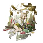  1girl animal_ear_fluff animal_ears animal_print arknights artist_request beanstalk_(arknights) beanstalk_(gift_uncompleted)_(arknights) bell blonde_hair bow bow_legwear box braid braided_ponytail candy candy_cane christmas_present circle_print clothes_pin collar creature crossed_legs cushion dot_nose dress fingernails food fox_ears fox_girl fox_tail frilled_collar frilled_skirt frills full_body gift green_bow green_dress green_eyes green_hairband green_ribbon hair_between_eyes hair_ornament hair_over_shoulder hair_ribbon hairband hairclip hands_up heart heart-shaped_box highres holding holding_ribbon kneehighs layered_skirt light_blush long_hair looking_at_viewer neck_bell no_shoes off-shoulder_sweater off_shoulder official_alternate_costume official_art parallel_hairclips peacake_(arknights) photo_(object) plant_print pom_pom_(clothes) ponytail print_bow reclining red_bow red_nails red_ribbon ribbed_socks ribbon ribbon_braid ribbon_spool rope rug scissors short_dress side_slit simple_background single_braid single_off_shoulder sitting skirt sleeveless sleeveless_dress smile socks star_(symbol) star_ornament sweater tail tassel white_background white_bow white_rope white_skirt white_socks wrapping_paper yellow_bow 
