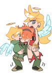  1girl 2boys angel_wings baby blonde_hair brief_(psg) carrying carrying_baby carrying_person commentary_request dress earrings exhausted family father_and_son freckles full_body green_eyes green_jumpsuit halo headphones husband_and_wife jewelry jumpsuit junior_(psg) long_hair mother_and_son multiple_boys orange_hair panty_&amp;_stocking_with_garterbelt panty_(psg) red_dress red_shoes shoes short_dress short_hair simple_background white_background wings wpous121 