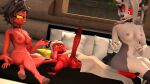 16:9 3d_(artwork) anthro areola balls bed bed_sheet bedding big_penis black_hair breasts canid canid_demon canine covering covering_face covering_self demon digital_media_(artwork) erection female fur furniture genitals group hair hellaverse hellhound helluva_boss hi_res hooves horn huge_penis humanoid humanoid_genitalia humanoid_penis imp looking_at_genitalia looking_at_penis loona_(helluva_boss) lying male mammal millie_(helluva_boss) moxxie_(helluva_boss) mythological_canine mythological_creature mythology navel nipples nude on_back on_bed penis pillow profanity pubes red_body red_sclera sarah_dellen sitting smile source_filmmaker_(artwork) spread_legs spreading tail teeth trio white_body white_fur white_hair widescreen