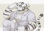  1boy abs alternate_costume animal_ears arknights bara facial_hair feet_out_of_frame furry furry_male goatee highres icekloak infection_monitor_(arknights) jewelry large_hands large_pectorals male_focus mountain_(arknights) mountain_(book_reader)_(arknights) multiple_scars muscular muscular_male pants partially_unbuttoned pectoral_cleavage pectorals ponytail ring scar scar_across_eye scar_on_arm scar_on_chest scar_on_face shirt short_hair sitting sleeves_rolled_up solo tail tail_ornament tail_ring thick_eyebrows tiger_boy tiger_ears tiger_stripes tiger_tail watch white_fur white_hair white_pants white_shirt wristwatch 