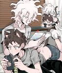  2boys :< ? ?? absurdres ahoge animal_ears arrow_(symbol) blue_eyes blue_male_underwear book breast_pocket brown_hair cat_ears cat_tail chibi chibi_inset collarbone collared_shirt colored_eyelashes commentary danganronpa_(series) danganronpa_2:_goodbye_despair green_eyes green_necktie hair_between_eyes hand_on_another's_ass highres hinata_hajime holding holding_book holding_phone komaeda_nagito looking_at_phone lying_on_lap lying_on_person male_focus male_underwear messy_hair multiple_boys necktie okamotoo on_lap parted_lips phone pocket reading shirt symbol-only_commentary tail top-down_bottom-up underwear white_eyelashes white_hair yaoi 