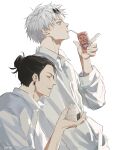  2boys black_hair blue_eyes collared_shirt commentary drinking_straw english_commentary eyewear_on_head food from_side getou_suguru gojou_satoru hair_bun hair_pulled_back highres holding holding_food juice_carton jujutsu_kaisen male_focus multiple_boys onigiri plug_(piercing) round_eyewear shirt short_hair sideburns simple_background single_hair_bun twitter_username upper_body white_background white_hair white_shirt yu_uue 