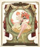  1girl arm_ribbon bare_shoulders blunt_bangs blush border bouquet bow braid braided_bun breasts center-flap_bangs chinese_commentary choker clip_studio_paint_(copyright) clip_studio_paint_(medium) collarbone commentary_request curtains double-parted_bangs dress dress_bow english_text falling_petals flower full_body green_bow green_eyes green_ribbon hair_bun half-closed_eyes high-low_skirt highres holding holding_bouquet lace-trimmed_dress lace_trim leg_ribbon legs_together making-of_available nownow off-shoulder_dress off_shoulder official_art open_mouth orange_hair original ornate_border petals plaque puffy_short_sleeves puffy_sleeves red_flower red_petals red_ribbon red_rope red_rose ribbon rope rose rose_petals shoes short_sleeves sitting sitting_on_object small_breasts smile solo tassel white_ribbon white_shoes yellow_choker yellow_dress yellow_ribbon 