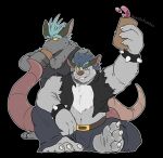 2026 3_toes anthro black_background brok_the_investigator cowcat_games dart_(brok_the_investigator) drinking duo feet fur grey_body grey_fur hi_res male mammal murid murine randydapurpledog rat rodent simple_background sitting smile squealers_chief toes