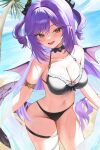  1girl absurdres armlet bare_shoulders beach bikini black_bikini black_horns blue_sky blush breasts cleavage cloud coconut_tree day dragon_girl dragon_horns dragon_tail dragon_wings dutch_angle fangs gold_armlet groin hair_between_eyes hair_intakes hashtag-only_commentary highres horns jewelry large_breasts long_hair looking_at_viewer mountainous_horizon navel o-ring o-ring_bikini o-ring_top ocean open_mouth outdoors palm_tree pointy_ears poppo_myupunk98 purple_hair sakihane_huya shawl sky slit_pupils smile solo standing stellive stomach swimsuit swimsuit_cover-up tail thigh_strap thighs tree two_side_up very_long_hair virtual_youtuber wet wings yellow_eyes 