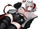 1girl absurdres anger_vein antenna_hair arknights belt belt_pouch black_belt black_choker black_hair black_jacket black_thighhighs breasts choker cleavage commentary crop_top detonator dutch_angle from_below hand_up high-waist_shorts highres holding_detonator horns jacket large_breasts long_sleeves looking_at_viewer multicolored_hair myb52 nail_polish official_alternate_costume open_clothes open_jacket parted_lips pouch red_eyes red_horns red_nails shaded_face shirt short_hair short_shorts shorts sidelocks simple_background solo strap tail thighhighs thighs two-sided_fabric two-sided_jacket underboob unzipped w_(act_ii)_(arknights) w_(arknights) white_background white_hair white_shirt 