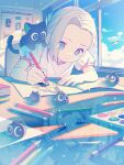  1girl aged_down animal_on_shoulder aqua_eyes awsj7858 black_cat blue_sky cat cat_on_shoulder chromatic_aberration cloud cloudy_sky colored_pencil commentary_request curtains drawing_(action) drawing_(object) grey_hair heixiu highres indoors luo_xiaohei luo_xiaohei_(cat) luye_(the_legend_of_luoxiaohei) pencil reflection shirt short_sleeves sky solo_focus sparkle the_legend_of_luo_xiaohei white_shirt window 