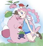  1girl :d arm_at_side bag blue_hoodie blue_shorts blue_sky blush_stickers braid brown_hat brown_shoes chansey closed_eyes cloud creature day dot_nose fletchling flying from_side hat highres hood hood_down hoodie hoppip jumping long_hair looking_ahead looking_at_viewer looking_to_the_side meg_(poketoon) ocha_(popopogg) oddish outdoors pokemon pokemon_(anime) pokemon_(creature) poketoon purple_eyes red_eyes shoes short_bangs shorts shoulder_bag skiploom sky sleeveless sleeveless_hoodie smear_frame smile twin_braids yellow_eyes 