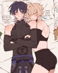  1boy 2girls absurdres ahoge arm_around_chest assertive_female belt black_belt black_bodysuit black_bow black_bra black_bridal_gauntlets black_choker black_hair black_shorts blonde_hair blue_feathers blue_flower blue_pupils blunt_ends blush bodysuit bow bra bridal_gauntlets choker clenched_hand closed_eyes closed_mouth clothing_cutout colored_inner_hair commentary couple covered_collarbone crossed_arms earrings english_text facing_another feather_earrings feathers flower genshin_impact grey_hair hair_flower hair_ornament head_on_another's_shoulder head_on_pillow hetero highres hip_vent hug hug_from_behind jewelry looking_at_another lumine_(genshin_impact) lying majunjuu mandarin_collar multicolored_flower multicolored_hair multiple_girls on_bed on_side paimon_(genshin_impact) pectorals pillow purple_eyes purple_rope purple_sash rope sash scaramouche_(genshin_impact) shared_bed short_hair short_hair_with_long_locks short_shorts shorts shoulder_blades shoulder_blush sidelocks sideways_glance sleeping smile spooning sports_bra streaked_hair sweatdrop symbol-only_commentary tassel toned underwear wanderer_(genshin_impact) white_flower white_hair 