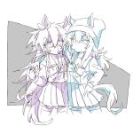  2girls animal_ears arm_around_neck arm_around_shoulder beanie beer_hsk commentary_request ears_through_headwear grey_background hair_between_eyes hat horse_ears horse_girl horse_tail long_hair long_sleeves mask monochrome mouth_mask multiple_girls nakayama_festa_(umamusume) orfevre_(old_design)_(umamusume) pleated_skirt puffy_long_sleeves puffy_sleeves school_uniform shirt skirt tail thighhighs tracen_school_uniform two-tone_background umamusume v very_long_hair white_background 