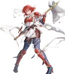  1girl arm_guards armor axe battle_damage belt black_pantyhose blue_boots boots breastplate breasts brown_belt brown_gloves clenched_teeth damaged dress fingerless_gloves fire_emblem fire_emblem:_mystery_of_the_emblem fire_emblem:_shadow_dragon fire_emblem_heroes full_body gloves gold_trim greaves headband high_heel_boots high_heels highres holding holding_axe holding_weapon looking_at_viewer minerva_(above_the_stars)_(fire_emblem) minerva_(fire_emblem) multiple_belts non-web_source official_alternate_costume official_art one_eye_closed pantyhose parted_lips pauldrons red_armor red_eyes red_hair riz3 shin_guards short_dress short_hair short_sleeves shoulder_armor simple_background solo teeth thigh_boots torn_boots torn_clothes torn_pantyhose weapon white_dress white_headband 