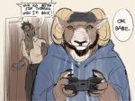 4:3 anthro beard biped black_beard black_body black_facial_hair black_scales blue_clothing blue_hoodie blue_topwear bovid brown_body brown_fur caprine carl_hendricks clothing duo echo_(game) echo_(series) echo_project english_text facial_hair flynn_moore fur gaming green_eyes hemuchang hi_res hoodie lizard male mammal muscular muscular_anthro muscular_male playing_video_game red_sclera reptile rocky_mountain_goat scales scalie substance_intoxication text topwear