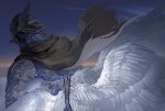  1boy armor black_cape cape elden_ring elden_ring_nightreign feathered_wings from_behind hashtag-only_commentary helmet highres in-universe_location laozjiujiaolaoz ornate_clothes outdoors pauldrons shoulder_armor sky solo sunrise torn_clothes upper_body winged_helmet wings wylder_(elden_ring) 
