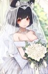  1girl alternate_costume animal_ear_fluff animal_ears azur_lane bare_shoulders black_bridal_gauntlets black_hair blush bouquet breasts bridal_gauntlets cat_ears cleavage closed_mouth commentary cowboy_shot dress eyeshadow flower highres holding holding_bouquet jewelry large_breasts looking_at_viewer makeup mismatched_eyebrows necklace nyucha off-shoulder_dress off_shoulder raised_eyebrows red_eyes red_eyeshadow short_hair smile solo thick_eyebrows tiara wedding_dress white_dress yamashiro_(azur_lane) 