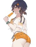  1girl ;) ass belle_(summer_skies)_(zenless_zone_zero) belle_(zenless_zone_zero) blue_hair breasts cowboy_shot crop_top earrings food green_eyes hair_ornament highres holding holding_food holding_popsicle jewelry large_breasts letter_hair_ornament midriff navel no_headwear noir_(noir_reveur) official_alternate_costume one_eye_closed open_mouth orange_shorts popsicle see-through_clothes see-through_shirt shirt shorts simple_background smile solo tied_shirt white_background white_shirt zenless_zone_zero 