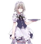  1girl apron black_ribbon blue_eyes blue_skirt blue_vest bow braid braided_sidelocks buttons collared_shirt commentary_request cowboy_shot crote frilled_apron frills green_bow grey_hair hair_between_eyes hair_bow hair_ribbon hand_up highres holding holding_tray izayoi_sakuya large_variant_set layered_skirt maid_apron maid_headdress medium_skirt parted_lips puffy_short_sleeves puffy_sleeves ribbon shirt short_hair short_sleeves skirt sleeve_cuffs solo standing tachi-e thighhighs touhou transparent_background tray twin_braids variant_set vest white_apron white_headdress white_shirt white_thighhighs wing_collar 