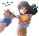  black_hair blue_wrist_cuffs bodysuit bouquet brown_eyes character_name commentary couple cowboy_shot dede_(qwea_00000) final_fantasy final_fantasy_ix flower garnet_til_alexandros_xvii gloves grey_gloves hair_between_eyes hair_ornament hairclip happy_birthday hetero holding holding_bouquet holding_hands interlocked_fingers long_hair looking_at_viewer low-tied_long_hair open_mouth orange_bodysuit red_gloves rose shirt smile symbol-only_commentary thigh_strap white_background white_shirt wrist_cuffs zidane_tribal 