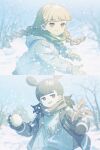  1boy 1girl awsj7858 black_eyes black_hair black_jacket blunt_bangs braid chromatic_aberration coat double_bun grey_pupils hair_bun highres hood hood_down jacket looking_at_viewer mittens nezha_(the_legend_of_luo_xiaohei) open_mouth orange_hair outdoors scarf shanxin_(the_legend_of_luoxiaohei) smile snow snowball snowflakes the_legend_of_luo_xiaohei tree twin_braids winter winter_clothes winter_coat 