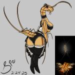 1:1 2025 4_arms antennae_(anatomy) anthro arthropod arthropod_abdomen big_breasts biped black_choker black_clothing black_dress black_jewelry black_legwear black_necklace black_panties black_stockings black_thigh_highs black_underwear blush bow_ribbon breasts brown_stripes butt centipede choker clothed clothing dated digital_drawing_(artwork) digital_media_(artwork) dress exoskeleton exoskeleton_markings eyelashes feelers female female_anthro flat_colors frilly frilly_choker frilly_clothing frilly_dress frilly_legwear frilly_panties frilly_stockings frilly_thigh_highs frilly_underwear grey_background hi_res holding_breast house_centipede jewelry leaning leaning_forward legwear long_neck looking_at_viewer looking_back looking_back_at_viewer maid_headdress maid_uniform mandibles multi_arm multi_leg multi_limb myriapod necklace non-mammal_breasts orange_body orange_exoskeleton panties pincers presenting presenting_hindquarters procreate_(artwork) rear_view reference_image segmented_body signature simple_background sophia_legge_(sebastian_hyde) spe standing stockings striped_body striped_exoskeleton stripes thick_thighs thigh_highs underwear uniform upskirt