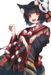  1girl :d animal_ear_fluff animal_ears azur_lane black_hair black_kimono breasts cat_ears cat_mask commentary_request cowboy_shot detached_sleeves double-parted_bangs eyeshadow fang from_side furisode_sleeves highres japanese_clothes kimono looking_at_viewer makeup manaita_obi mask mask_on_head medium_breasts mismatched_eyebrows nyucha obi open_mouth paw_pose red_eyes red_eyeshadow sash short_hair simple_background smile solo thick_eyebrows white_background wide_sleeves yamashiro_(azur_lane) yamashiro_(retrofit)_(azur_lane) 