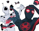  2boys animal_print artist_name asymmetrical_hair bodysuit highres marvel meme miles_morales multicolored_bodysuit multiple_boys naoya_hitting_choso_without_looking_(meme) pizza990 print_bodysuit sidecut signature spider-man:_across_the_spider-verse spider-man_(miles_morales) spider-man_(series) spider-verse spider_print spider_web_print spot_(marvel) superhero_costume twitter_username two-tone_bodysuit undercut 