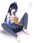  1girl ? ?? animal arm_support assisted_exposure barefoot black_hair blue_eyes blue_hair blue_pants blush breasts cat chibi chibi_inset colored_inner_hair crop_top crop_top_overhang denim detached_sleeves dirty dirty_clothes emimhok fang feet hair_intakes heart highres hololive hololive_english jeans korean_text large_breasts long_hair longcat_(meme) m_legs meme multicolored_hair official_alternate_costume open_mouth ouro_kronii ouro_kronii_(casual) pants shirt simple_background sitting sleeveless sleeveless_shirt spoken_heart spread_legs sweat toes translation_request turtleneck turtleneck_shirt two-tone_hair very_long_hair virtual_youtuber white_background white_shirt white_sleeves 