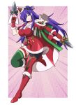  1girl absurdres abysswatchers alternate_costume asymmetrical_legwear belt blue_hair boots breasts cleavage commentary commission dress english_commentary female_shez_(fire_emblem) female_shez_(snowfield_envoy)_(fire_emblem) fire_emblem fire_emblem:_three_houses fire_emblem_heroes fire_emblem_warriors:_three_hopes fur-trimmed_dress fur_trim gloves green_thighhighs hair_over_one_eye highres large_breasts long_hair looking_at_viewer pink_background red_boots red_gloves red_thighhighs sack santa_costume santa_dress solo thick_thighs thigh_belt thigh_strap thighhighs thighs wide_hips 