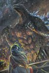  1girl ahoge black_hair blue_hair commentary_request elbow_spikes g.n.a giant giant_monster glowing godzilla godzilla_(galaxy_odyssey) godzilla_(series) godzilla_galaxy_odyssey highres jaw kaido_miyu kaiju long_hair long_sleeves monster multicolored_hair orange_eyes sharp_teeth spines streaked_hair tail teeth very_long_tail 