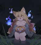  1girl absurdres ahoge animal_ear_fluff animal_ears blonde_hair blush breasts breasts_apart eyes_visible_through_hair hair_between_eyes hair_over_eyes highres jack-o'-lantern long_hair looking_at_viewer medium_breasts multiple_tails nipples open_mouth original outdoors partially_submerged sitting solo sweat tail thick_thighs thighs translation_request water yellow_eyes zao_(pixiv_15847342) 