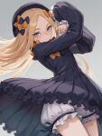  1girl abigail_williams_(fate) black_dress blonde_hair bloomers blue_eyes bow closed_mouth commentary_request dress fate/grand_order fate_(series) forehead gradient_background grey_background hair_bow highres jajanome long_hair long_sleeves looking_at_viewer orange_bow polka_dot polka_dot_bow solo standing thighs white_bloomers 