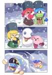  >_< 3girls alternate_costume bandana bandana_waddle_dee bell blonde_hair blue_bandana blue_gloves blue_hair blush_stickers building_snowman closed_eyes cold commentary english_commentary flamberge_(kirby) francisca_(kirby) fur_hat gloves hat kirby kirby_(series) magolor multiple_girls neck_bell rayman_limbs red_gloves red_hair skewedcanvas snow snowball snowball_fight trembling yellow_gloves zan_partizanne 