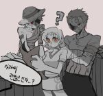  1girl 2boys ? bandaged_arm bandaged_torso bandages bandaid bandaid_on_arm bandaid_on_cheek bandaid_on_face bandaid_on_forehead closed_mouth collarbone commentary_request cowboy_shot crossed_arms earrings greyscale haramaki hat highres holding holding_map jewelry korean_commentary map miniskirt monkey_d._luffy monochrome multiple_boys nami_(one_piece) one_piece orange_eyes red_eyes roronoa_zoro scar scar_on_cheek scar_on_face serious shirt short_hair short_sleeves skirt spookeygoost spot_color straw_hat straw_hat_pirates v-neck 