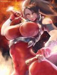  1girl bare_shoulders battle_damage bodysuit breasts brown_hair covered_nipples cowboy_shot dual_wielding hashtag-only_commentary high_ponytail holding holding_knife holding_weapon knife large_breasts ponytail red_bodysuit short_sword solo soulcalibur sword taki_(soulcalibur) tantou twitter_username weapon yotastar 