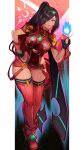  1girl blue_fire boots breasts brown_hair chest_jewel commentary_request commission cosplay crow_(gravity_daze) dark-skinned_female dark_skin fire full_body gravity_daze hair_over_one_eye hand_on_own_hip high_ponytail highres large_breasts long_hair neon_trim ponytail pyra_(xenoblade) pyra_(xenoblade)_(cosplay) r123 red_boots red_shorts red_thighhighs short_shorts shorts skeb_commission solo thighhighs tiara xenoblade_chronicles_(series) xenoblade_chronicles_2 
