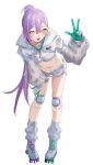  1girl absurdres asymmetrical_footwear bandaid bandaid_on_leg breasts commentary english_commentary eredhen full_body gloves green_eyes grey_leg_warmers hair_between_eyes hand_on_own_knee highres hololive knee_pads leaning_forward leg_warmers long_hair long_sleeves looking_at_viewer mismatched_footwear navel official_alternate_costume open_mouth ponytail purple_hair roller_skates see-through_clothes see-through_sleeves short_shorts shorts shrug_(clothing) simple_background skates small_breasts smile solo standing tokoyami_towa tokoyami_towa_(cyberpunk) virtual_youtuber w white_background white_gloves white_shorts white_shrug 