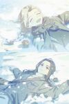  1boy 1girl awsj7858 bag black_hair blush braid chromatic_aberration closed_eyes commentary_request grey_hair heixiu highres jacket limited_palette long_hair luye_(the_legend_of_luoxiaohei) lying on_back open_mouth scarf shoulder_bag smile snow the_legend_of_luo_xiaohei winter winter_clothes wuxian_(the_legend_of_luo_xiaohei) 